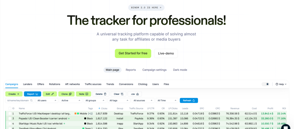 BINOM 
The tracker for professionals!
A universal tracking platform capable of solving almost any task for affiliates or media buyers
